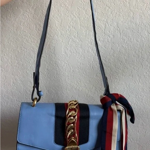 Gucci Sylvie Light Blue Crossbody Bag with Red and Gold Details - Picture 8 of 16